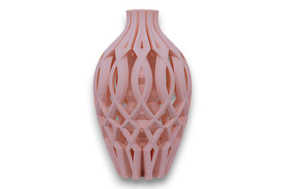beige vase with a geometric lattice design on a white background