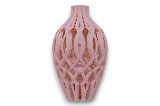 beige vase with a geometric lattice design on a white background