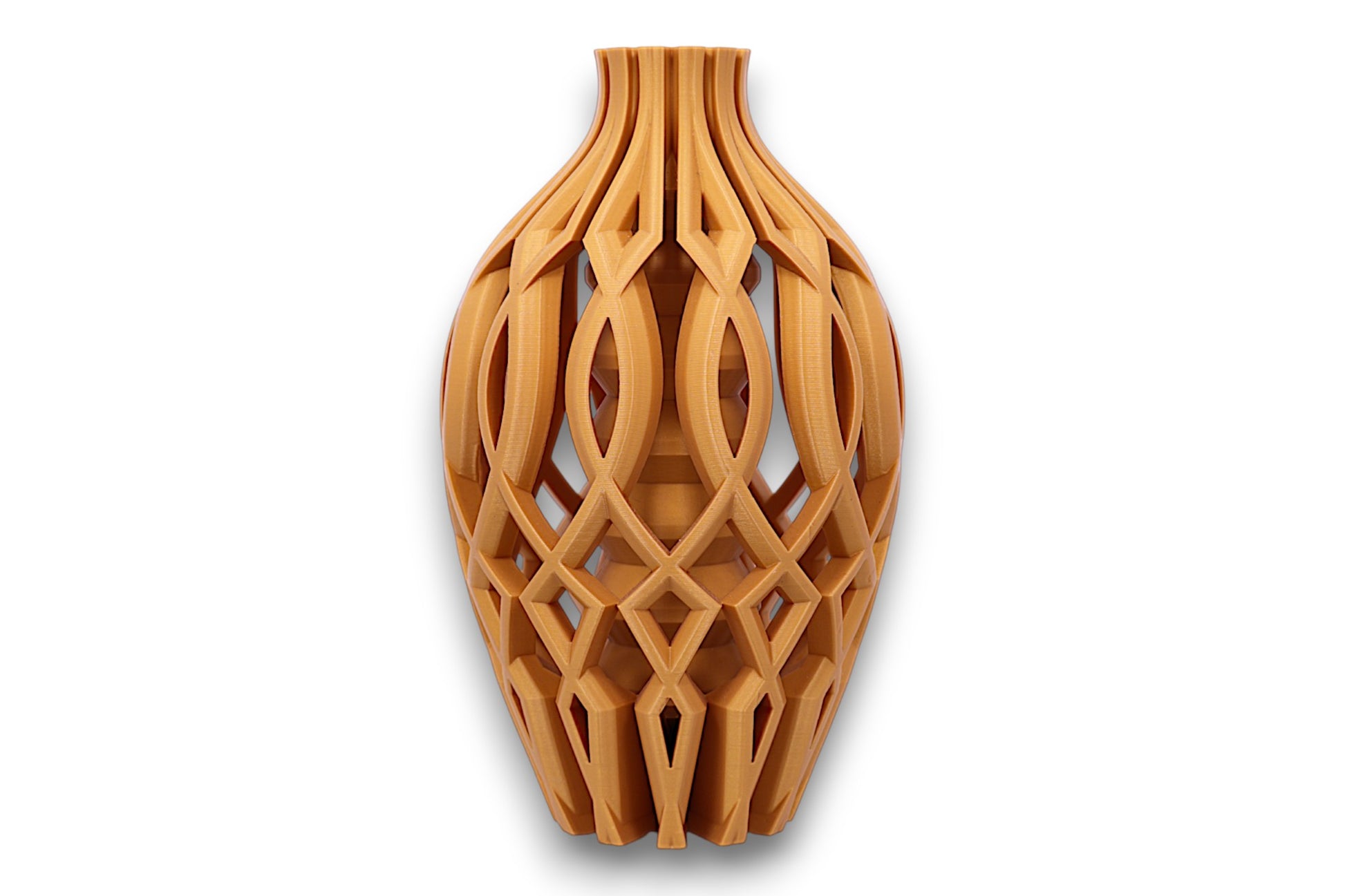 gold vase with intricate lattice design on a white background