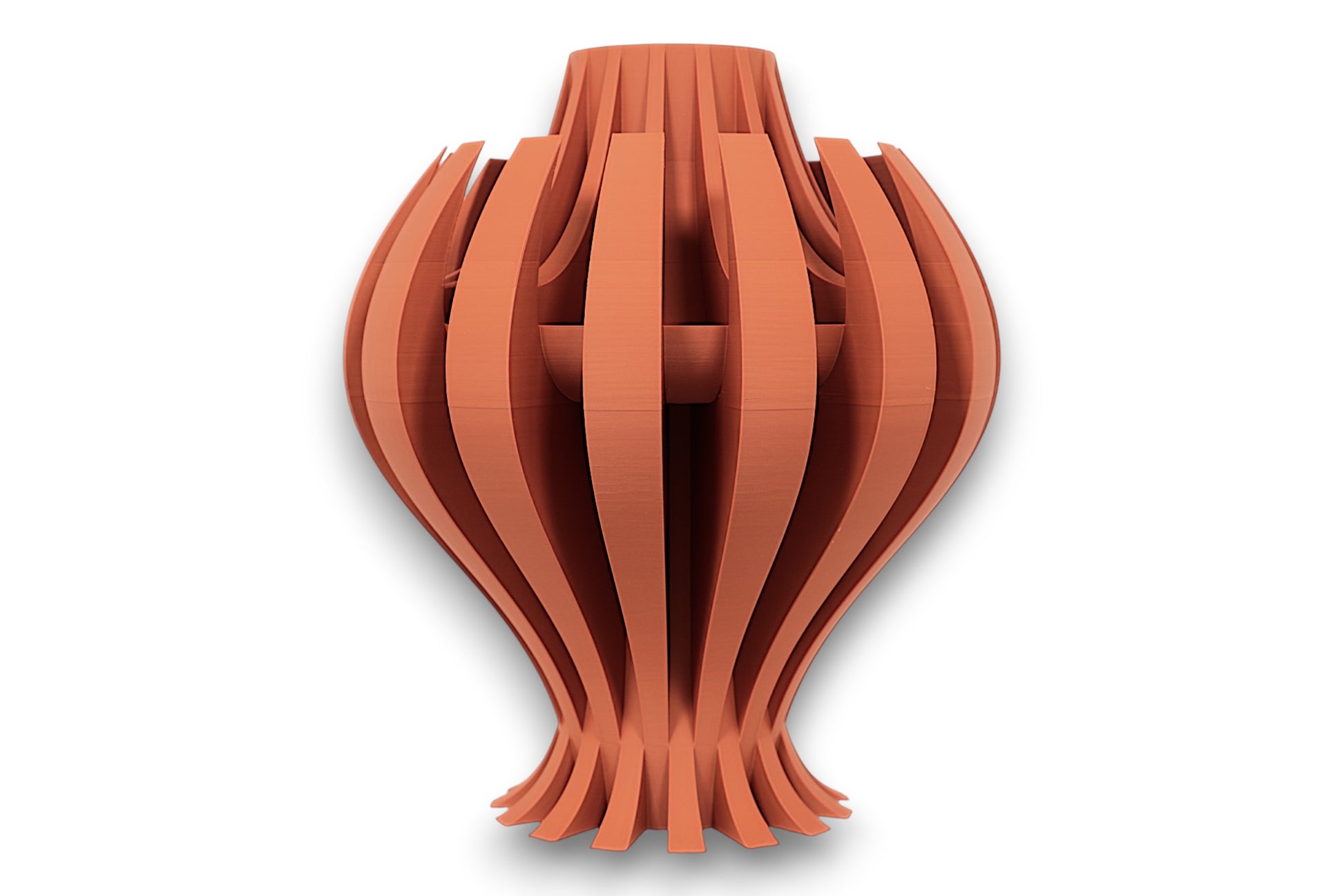Terracotta PLA vase – 3D printed with vertically curved slats flaring outward at center, forming symmetrical elongated silhouette
