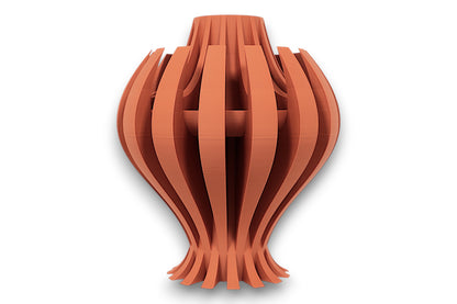 Terracotta PLA vase – 3D printed with vertically curved slats flaring outward at center, forming symmetrical elongated silhouette
