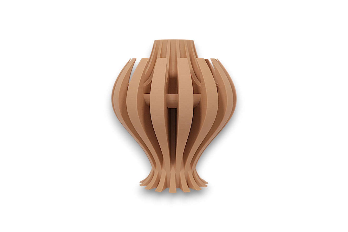Tan PLA vase – 3D printed with curved vertical slats flaring at base and tapering at top, forming elegant symmetrical silhouette