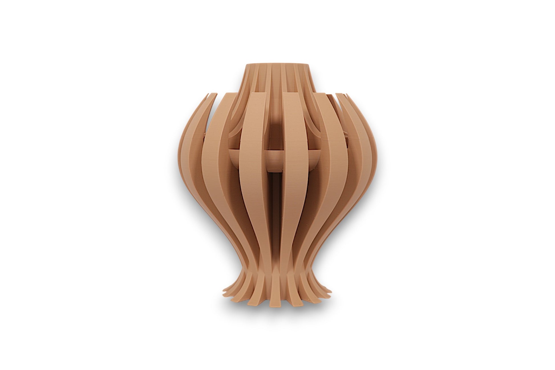 Tan PLA vase – 3D printed with curved vertical slats flaring at base and tapering at top, forming elegant symmetrical silhouette