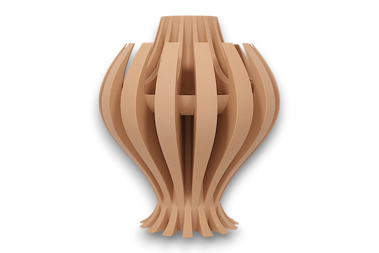 Tan PLA vase – 3D printed with curved vertical slats flaring at base and tapering at top, forming elegant symmetrical silhouette