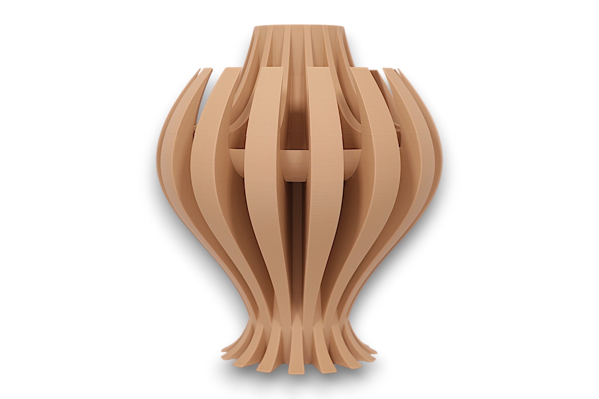 Tan PLA vase – 3D printed with curved vertical slats flaring at base and tapering at top, forming elegant symmetrical silhouette
