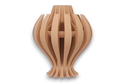 Tan PLA vase – 3D printed with curved vertical slats flaring at base and tapering at top, forming elegant symmetrical silhouette