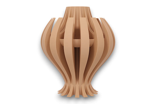 Tan PLA vase – 3D printed with curved vertical slats flaring at base and tapering at top, forming elegant symmetrical silhouette