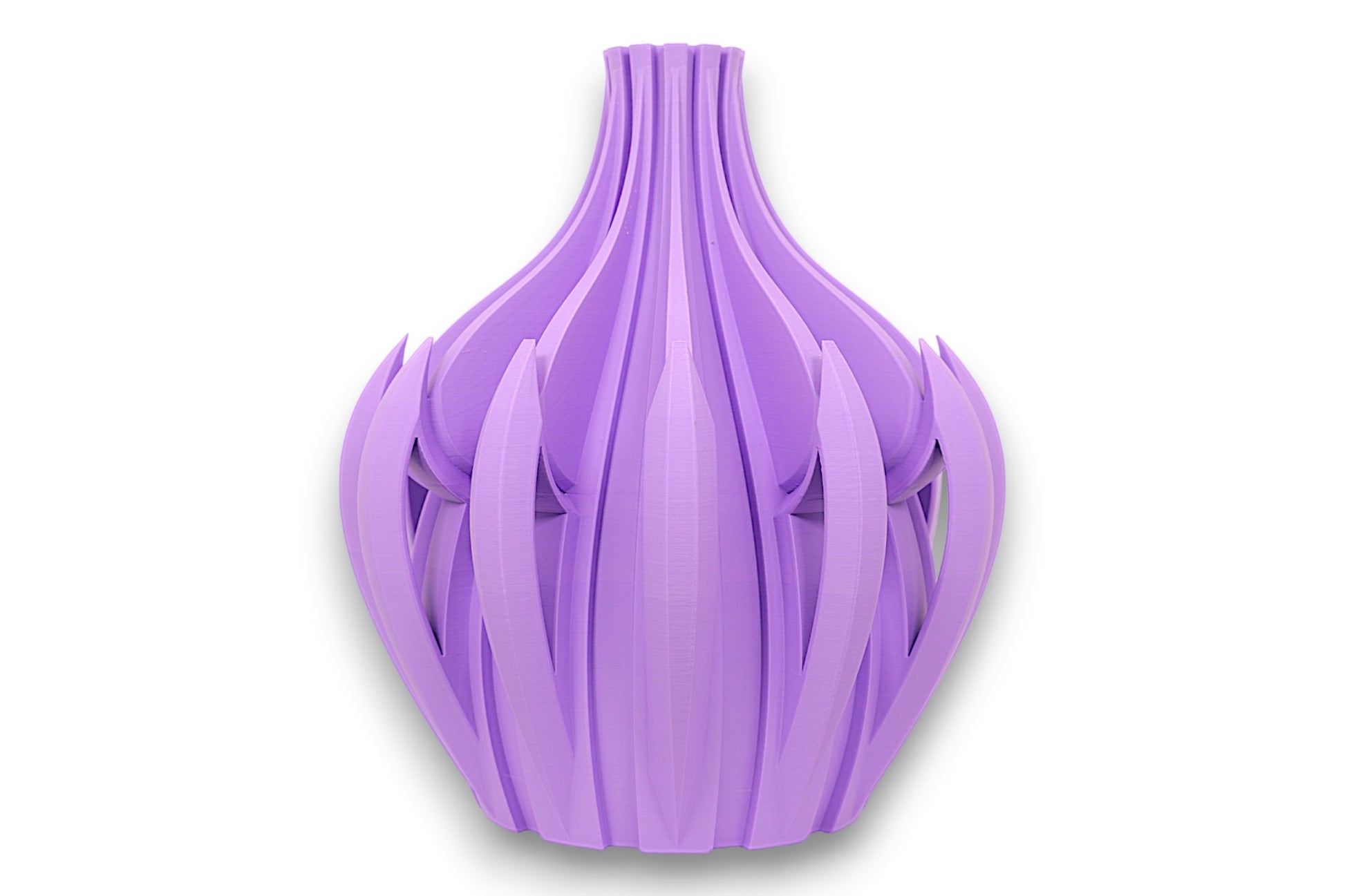 Purple PLA vase – 3D printed with bulbous base and vertical petal-like blades tapering to narrow neck, sculptural glossy finish
