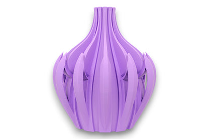 Purple PLA vase – 3D printed with bulbous base and vertical petal-like blades tapering to narrow neck, sculptural glossy finish
