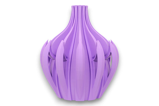 Purple PLA vase – 3D printed with bulbous base and vertical petal-like blades tapering to narrow neck, sculptural glossy finish
