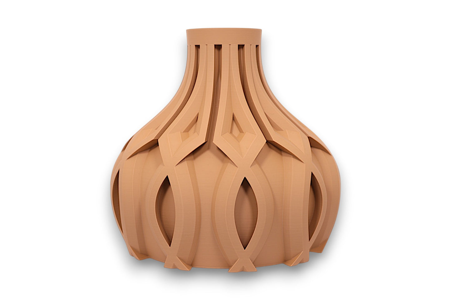 tan PLA vase – 3D printed with bulbous base and interwoven lattice texture, tapering to narrow neck
