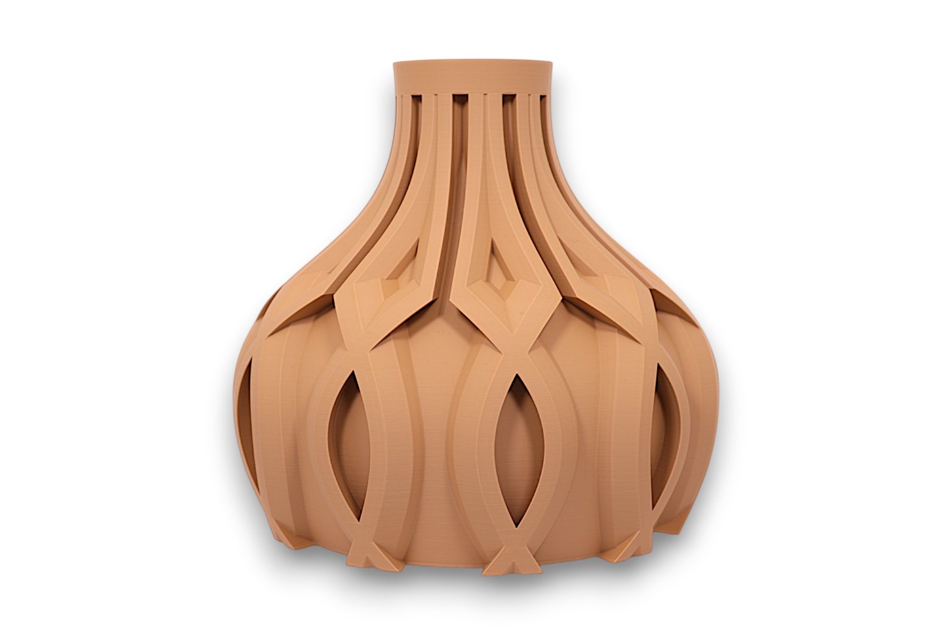 tan PLA vase – 3D printed with bulbous base and interwoven lattice texture, tapering to narrow neck
