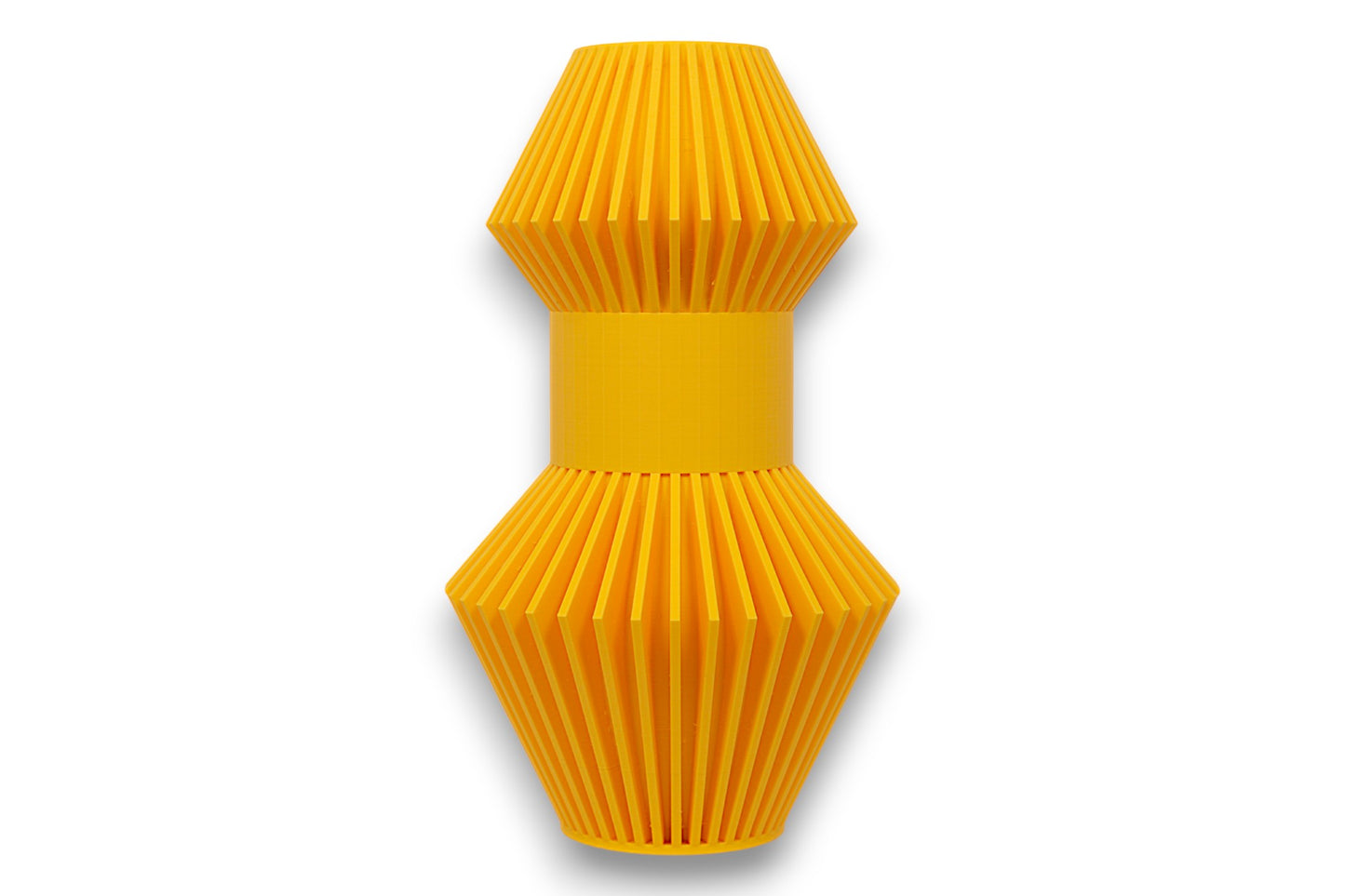 Yellow PLA sculpture – 3D printed with symmetrical cylindrical center and tapered slatted cones on both ends

