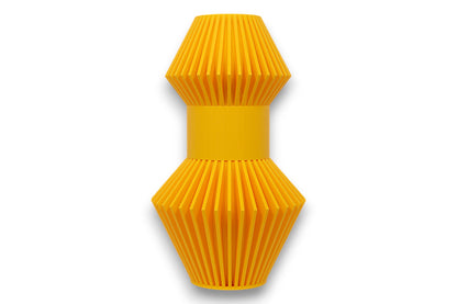 Yellow PLA sculpture – 3D printed with symmetrical cylindrical center and tapered slatted cones on both ends
