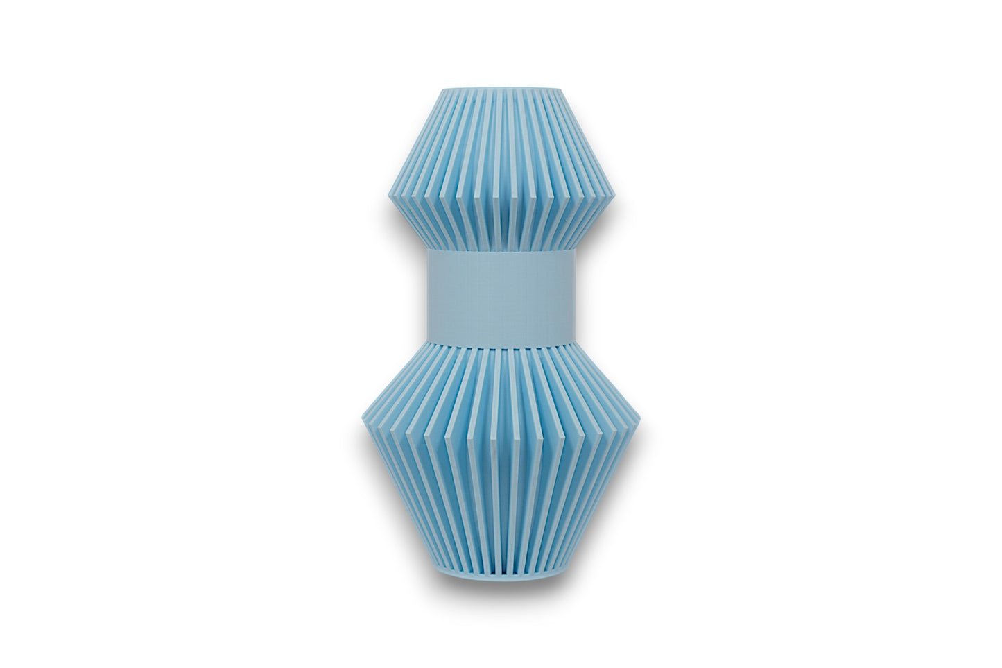 Light blue PLA sculpture – 3D printed with central cylinder and dual conical ends featuring evenly spaced vertical slats
