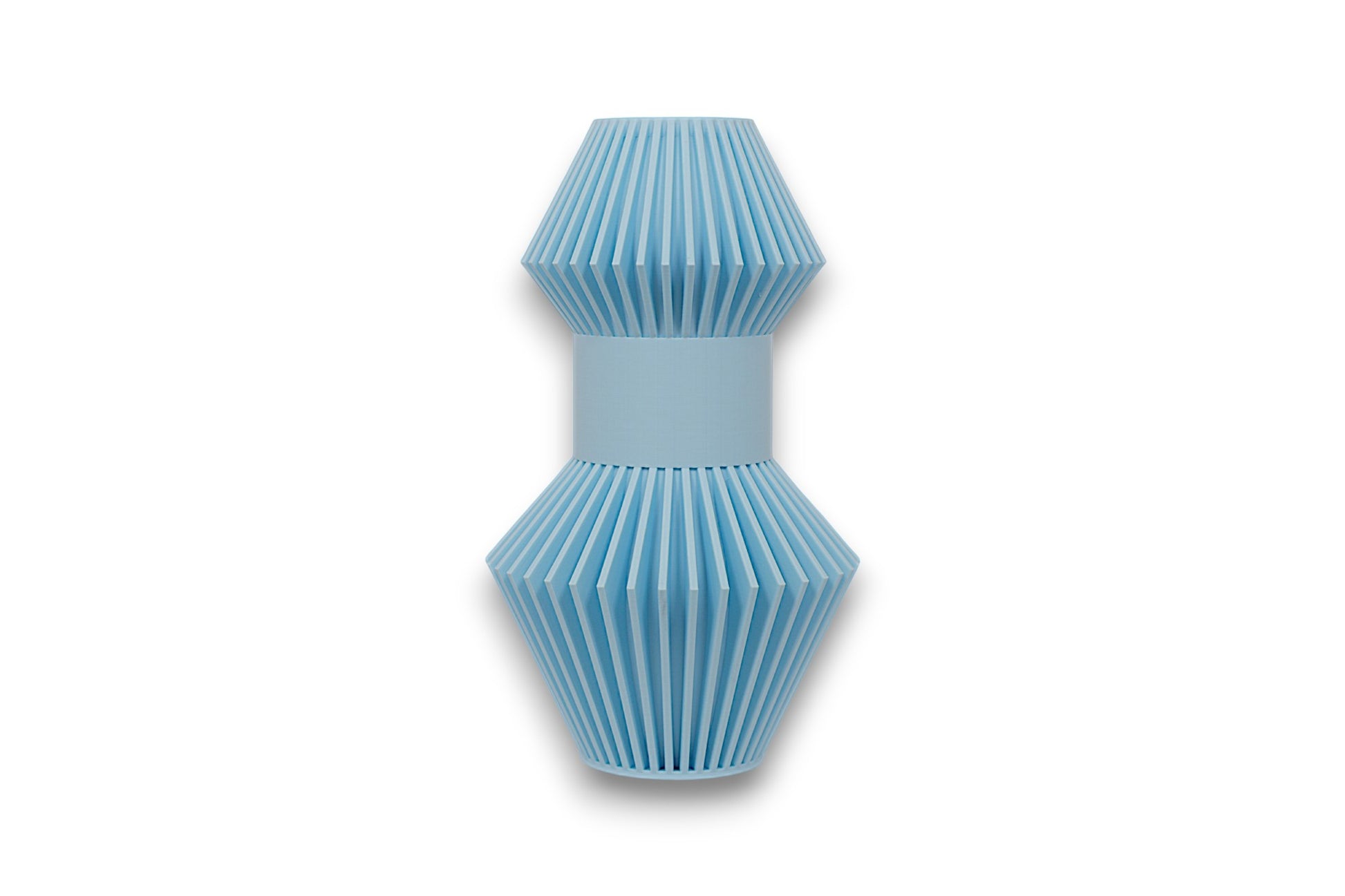 Light blue PLA sculpture – 3D printed with central cylinder and dual conical ends featuring evenly spaced vertical slats
