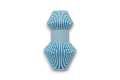 Light blue PLA sculpture – 3D printed with central cylinder and dual conical ends featuring evenly spaced vertical slats
