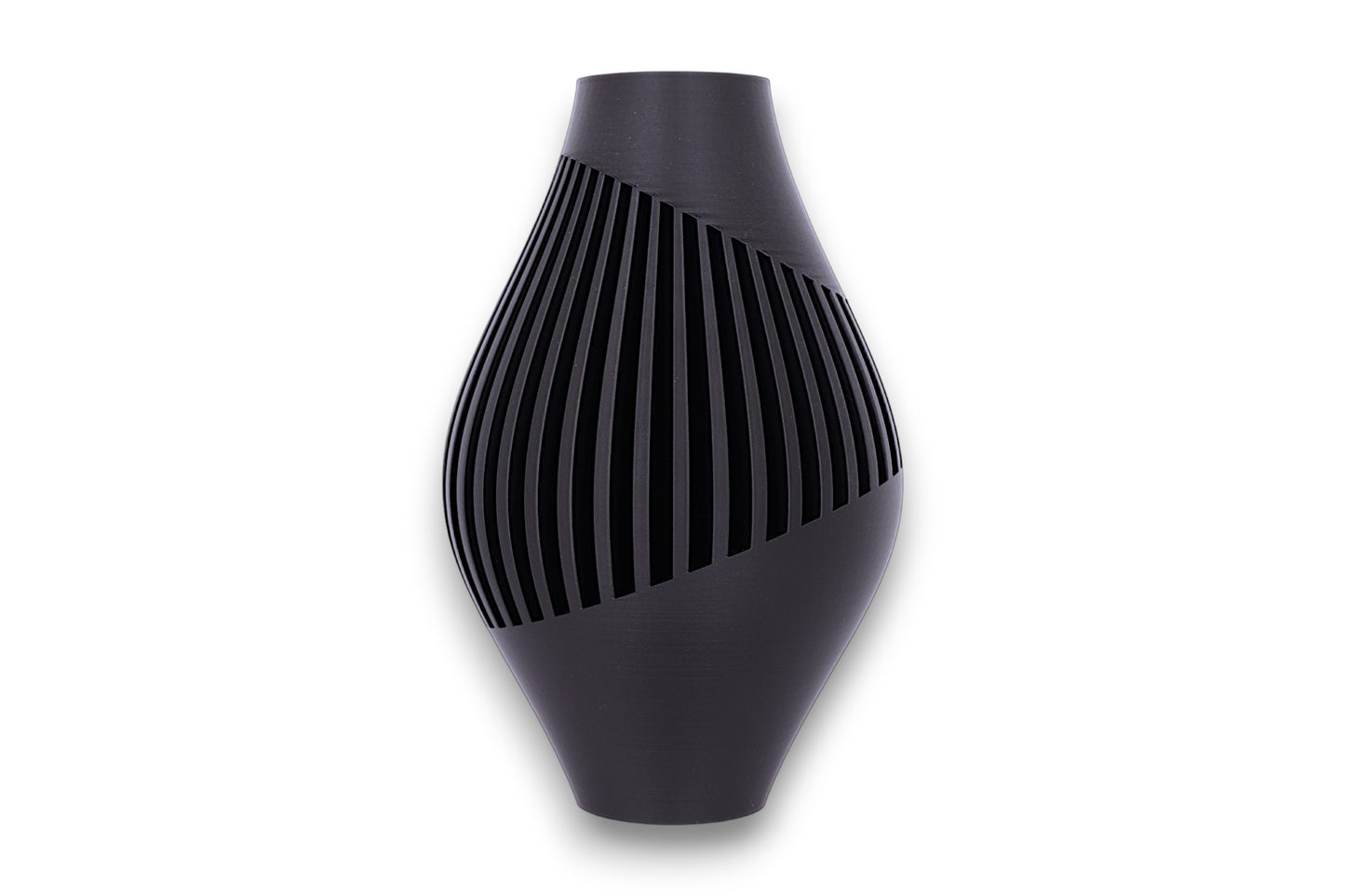 Black PLA vase – 3D printed with elongated body and angled vertical slits spiraling around the form, sculptural matte finish
