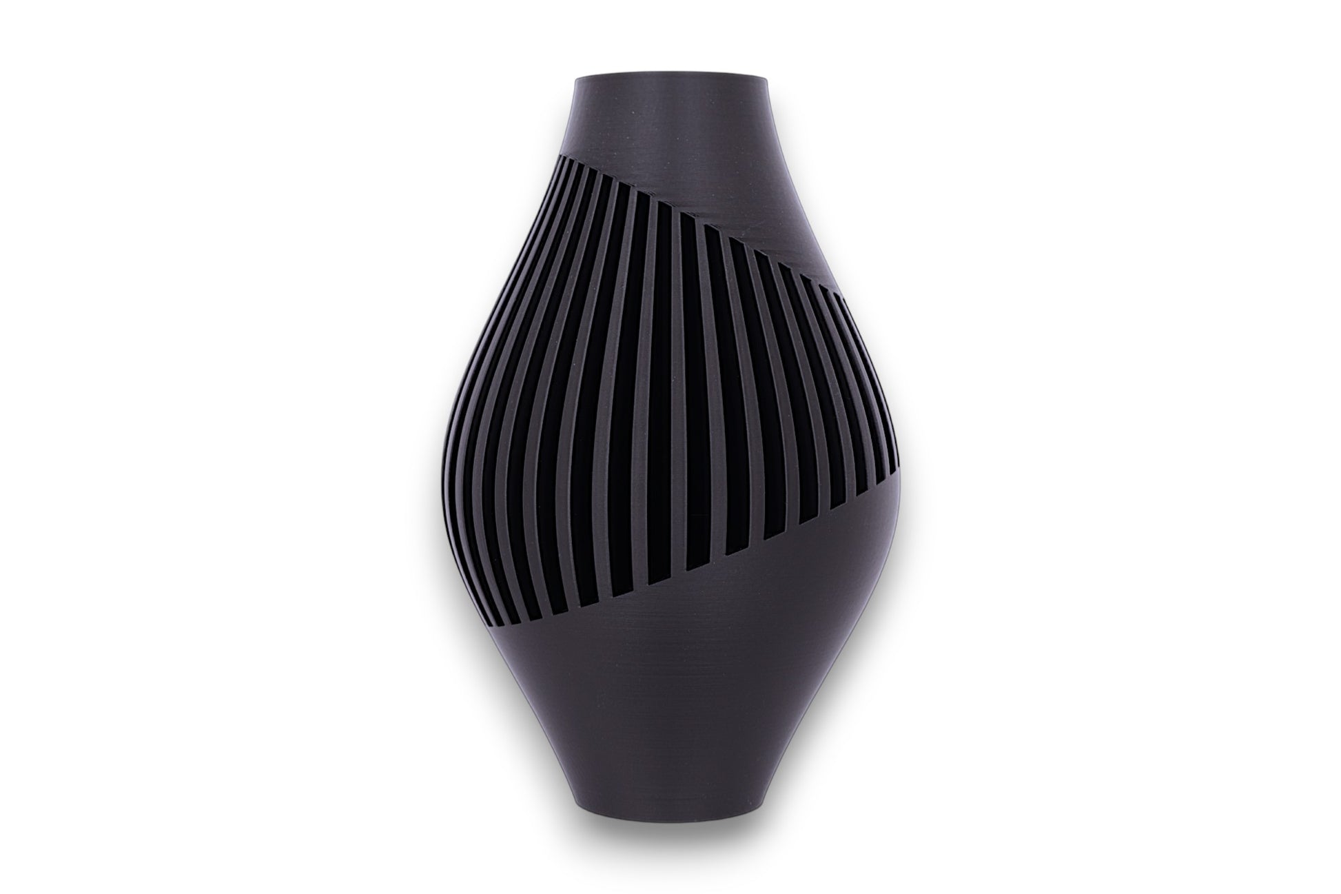 Black PLA vase – 3D printed with elongated body and angled vertical slits spiraling around the form, sculptural matte finish
