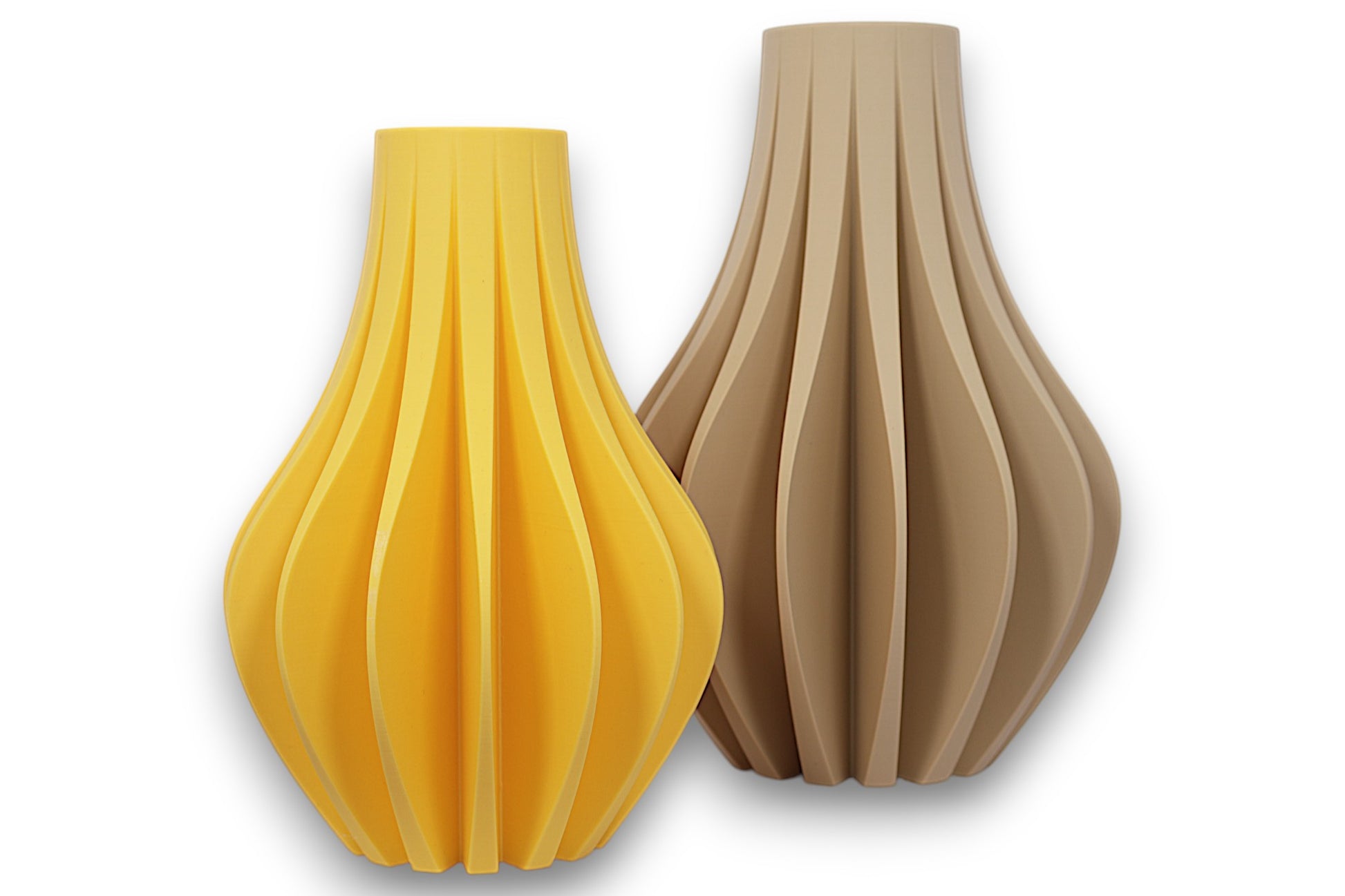 Yellow and tan PLA vases – 3D printed with bulbous bases and vertical ribbed textures, displayed side by side
