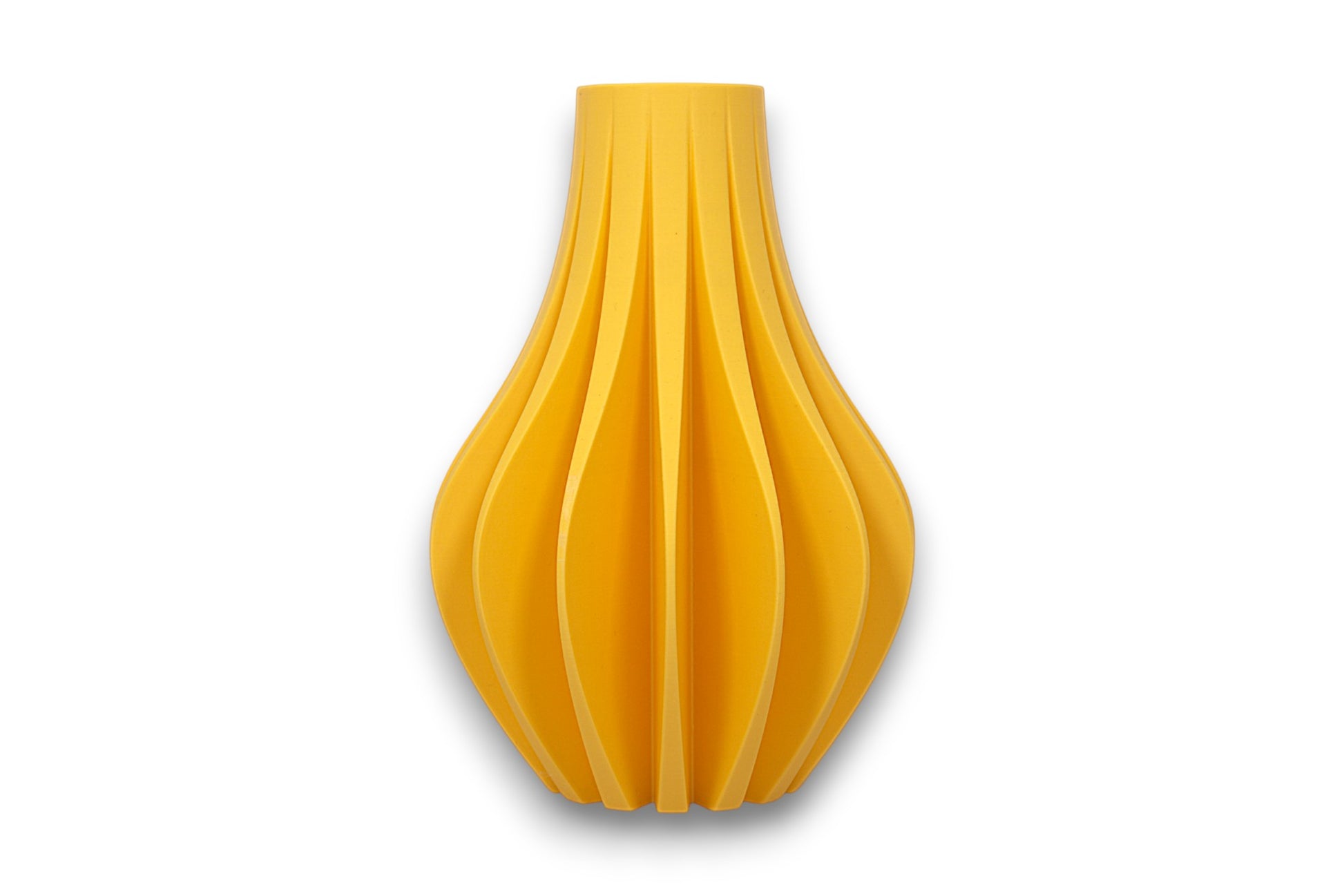 Yellow PLA vase – 3D printed with tapered silhouette and evenly spaced vertical ridges, sculptural matte finish
