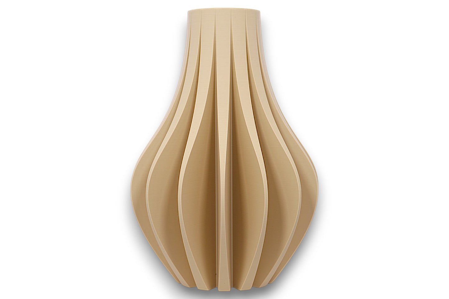 Tan PLA vase – 3D printed with tapered silhouette and evenly spaced vertical ridges, sculptural matte finish
