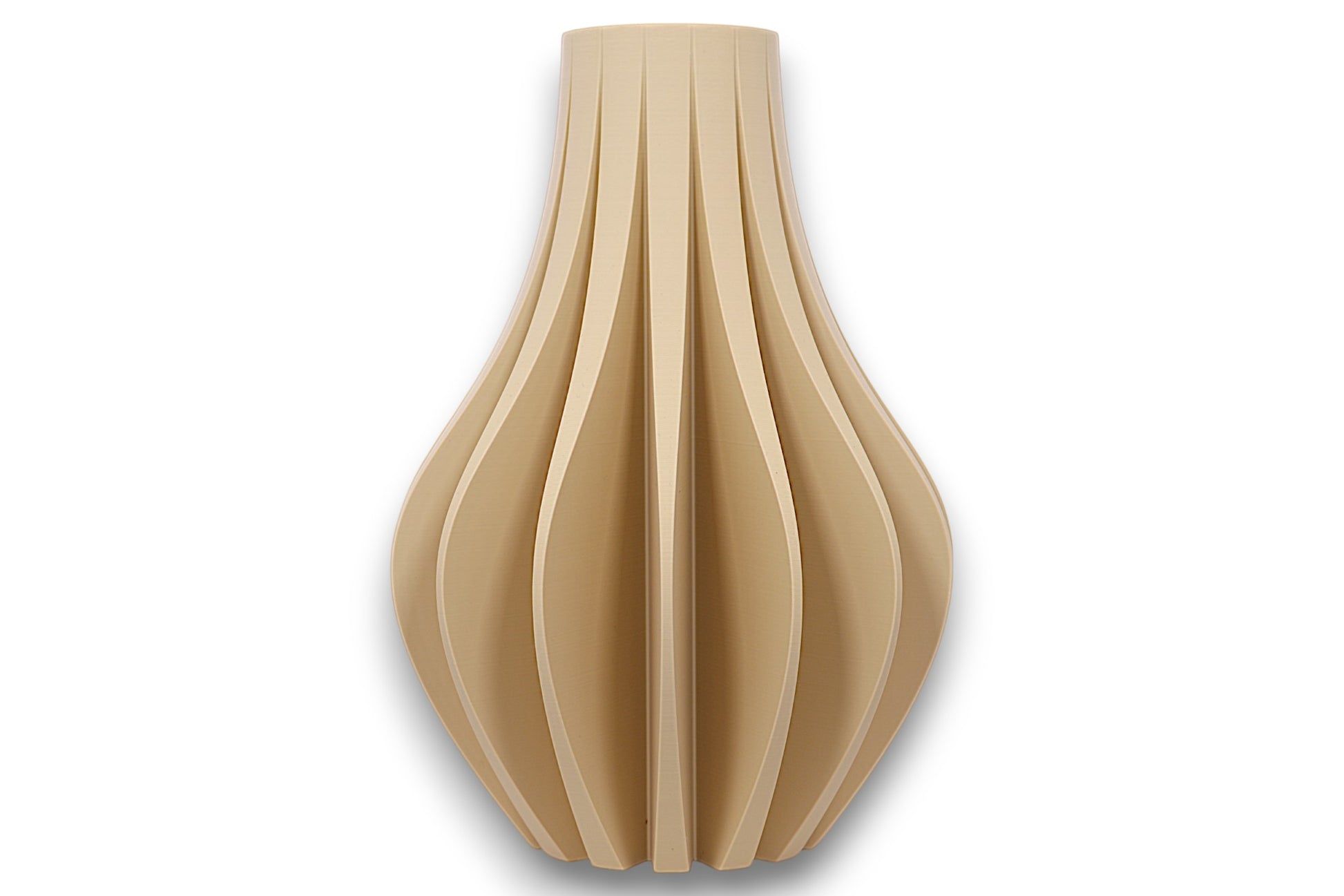Tan PLA vase – 3D printed with tapered silhouette and evenly spaced vertical ridges, sculptural matte finish
