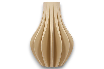 Tan PLA vase – 3D printed with tapered silhouette and evenly spaced vertical ridges, sculptural matte finish
