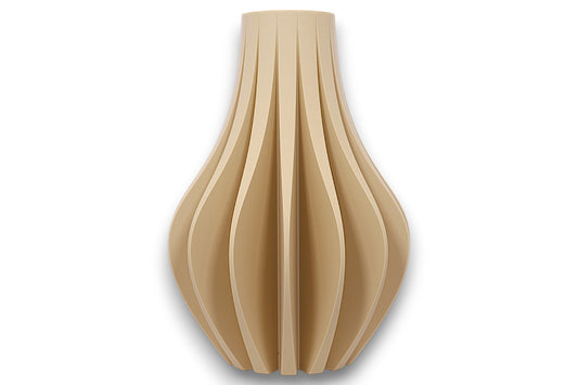 Tan PLA vase – 3D printed with tapered silhouette and evenly spaced vertical ridges, sculptural matte finish
