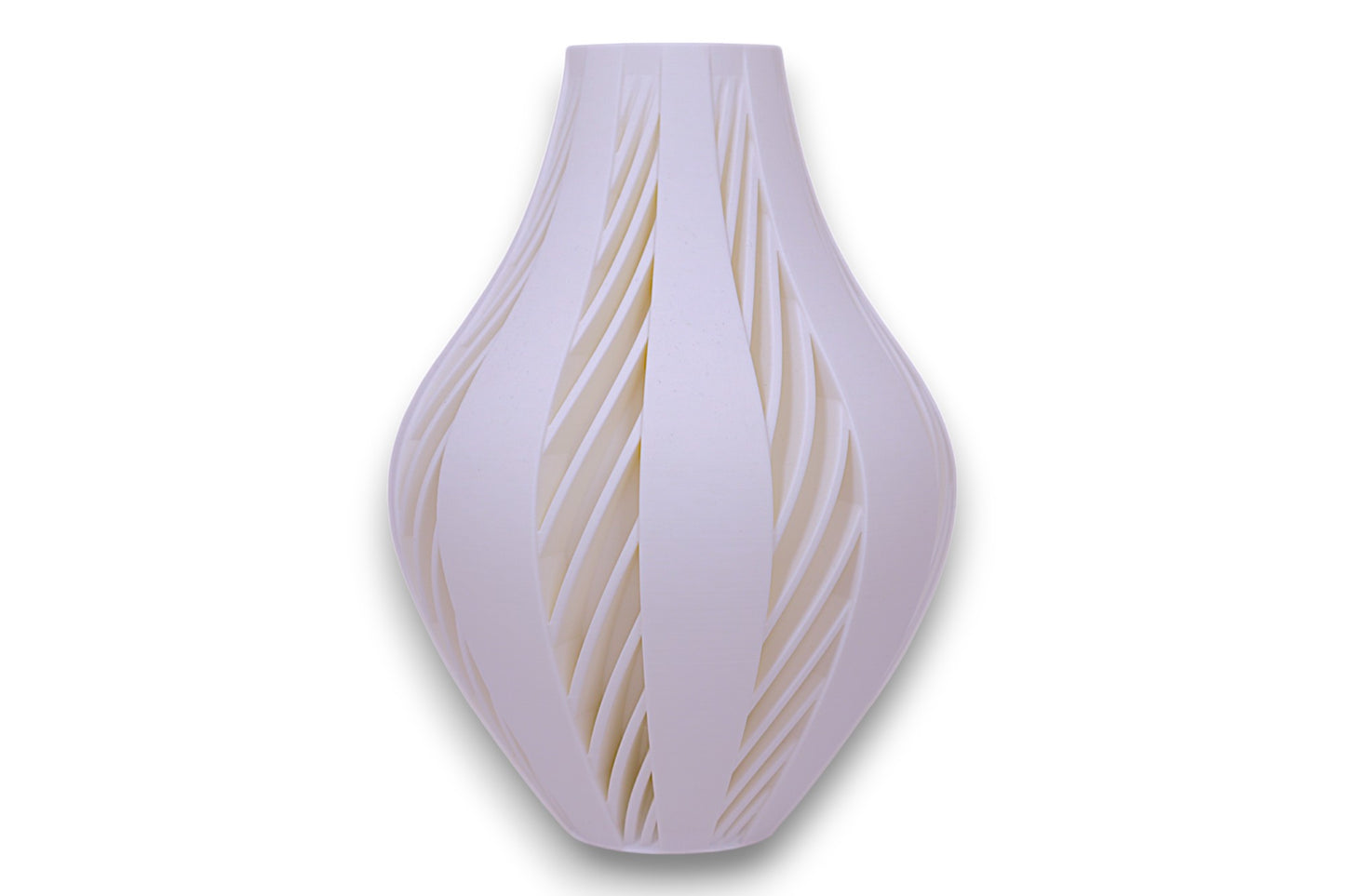 White PLA vase – 3D printed with elongated body and curved vertical slits revealing lighter inner layer, sculptural matte finish
