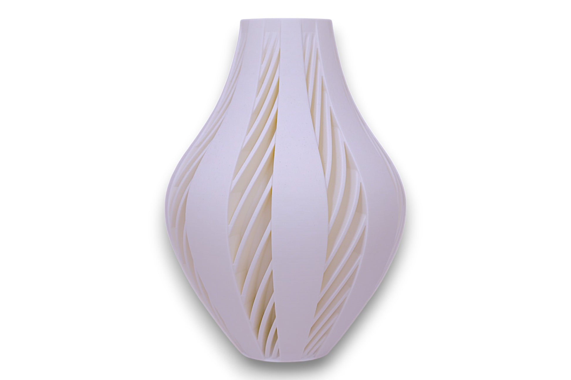 White PLA vase – 3D printed with elongated body and curved vertical slits revealing lighter inner layer, sculptural matte finish
