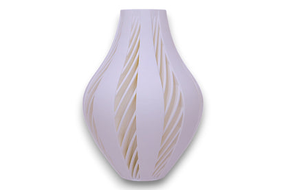 White PLA vase – 3D printed with elongated body and curved vertical slits revealing lighter inner layer, sculptural matte finish
