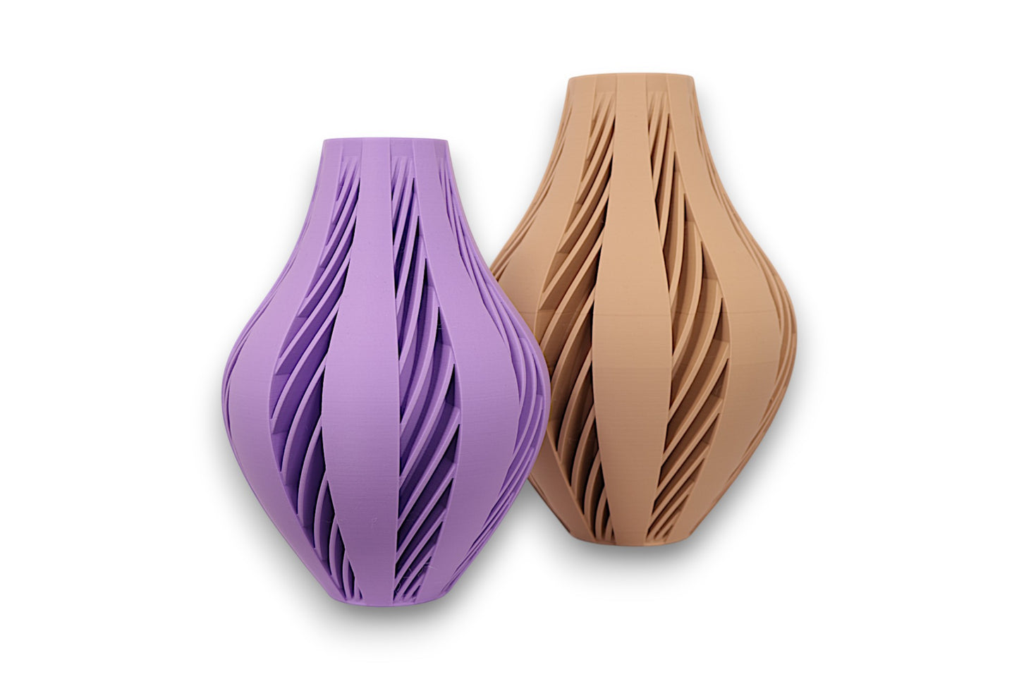 Purple and tan PLA vases – 3D printed with flowing vertical slit textures and tapered forms, shown side by side