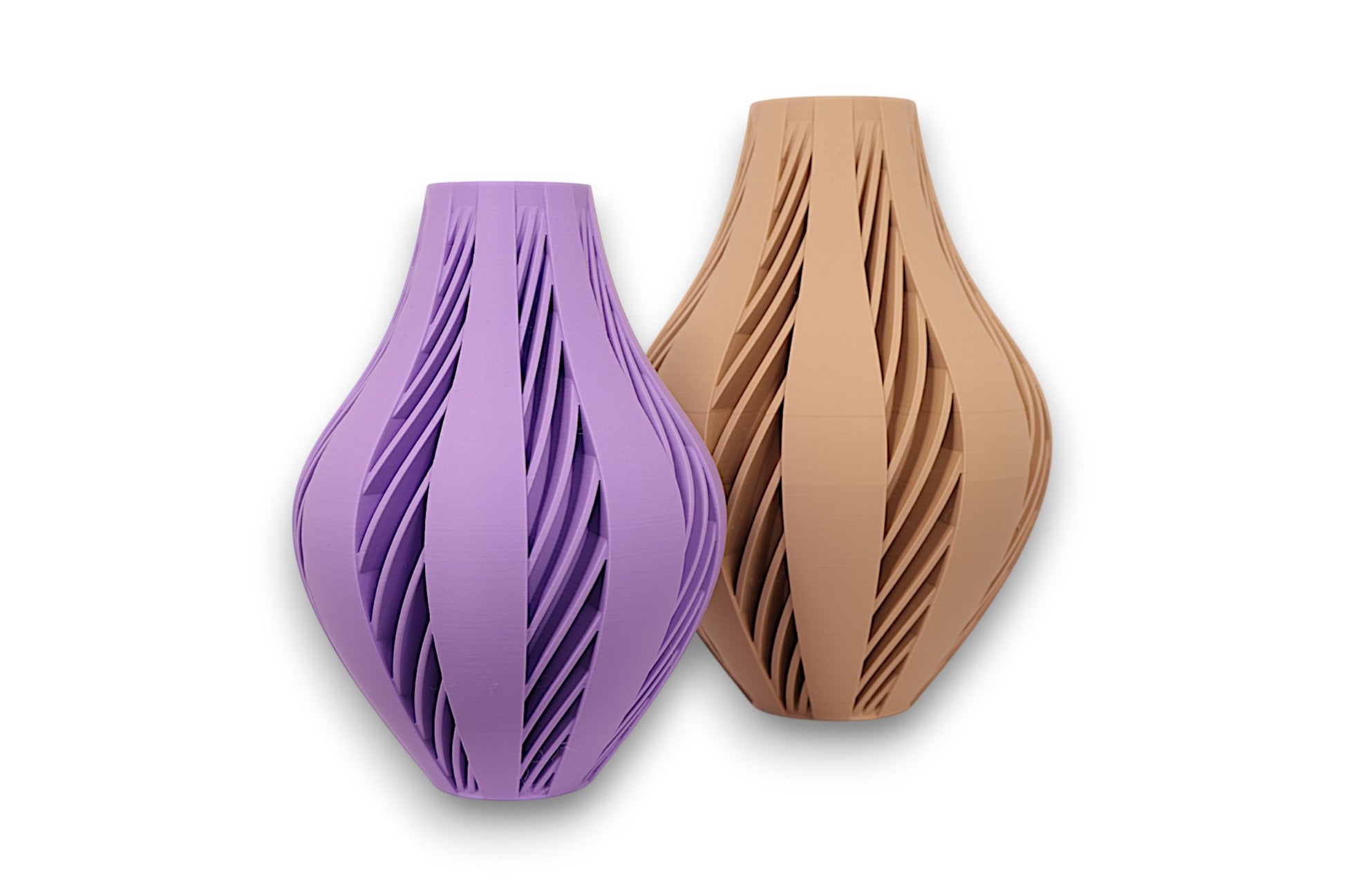 Purple and tan PLA vases – 3D printed with flowing vertical slit textures and tapered forms, shown side by side