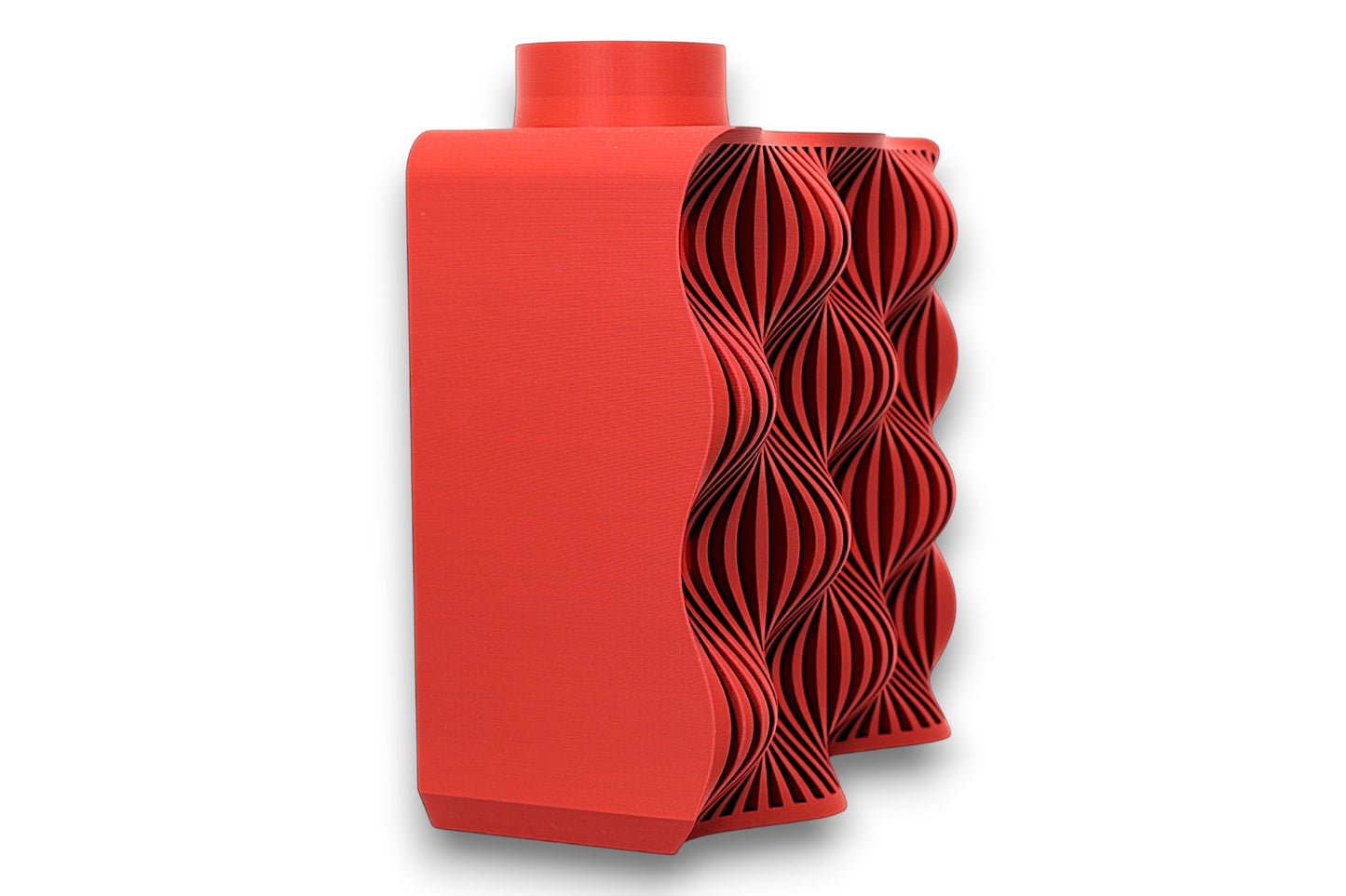 Red PLA vase – 3D printed with cylindrical top and rectangular body featuring symmetrical wave-textured front panel
