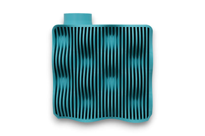 Turquoise PLA vase – 3D printed with rounded rectangular body and vertical black wavy stripe pattern, topped with small cylindrical cap
