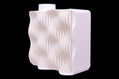 White PLA vase – 3D printed with vertically aligned wave-textured front and vented top, symmetrical sculptural form