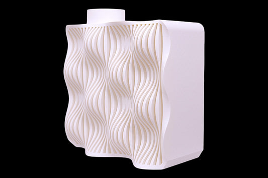 White PLA vase – 3D printed with vertically aligned wave-textured front and vented top, symmetrical sculptural form