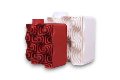 Red and white PLA vase – 3D printed with cylindrical top and rectangular body featuring symmetrical wave-textured front panel
