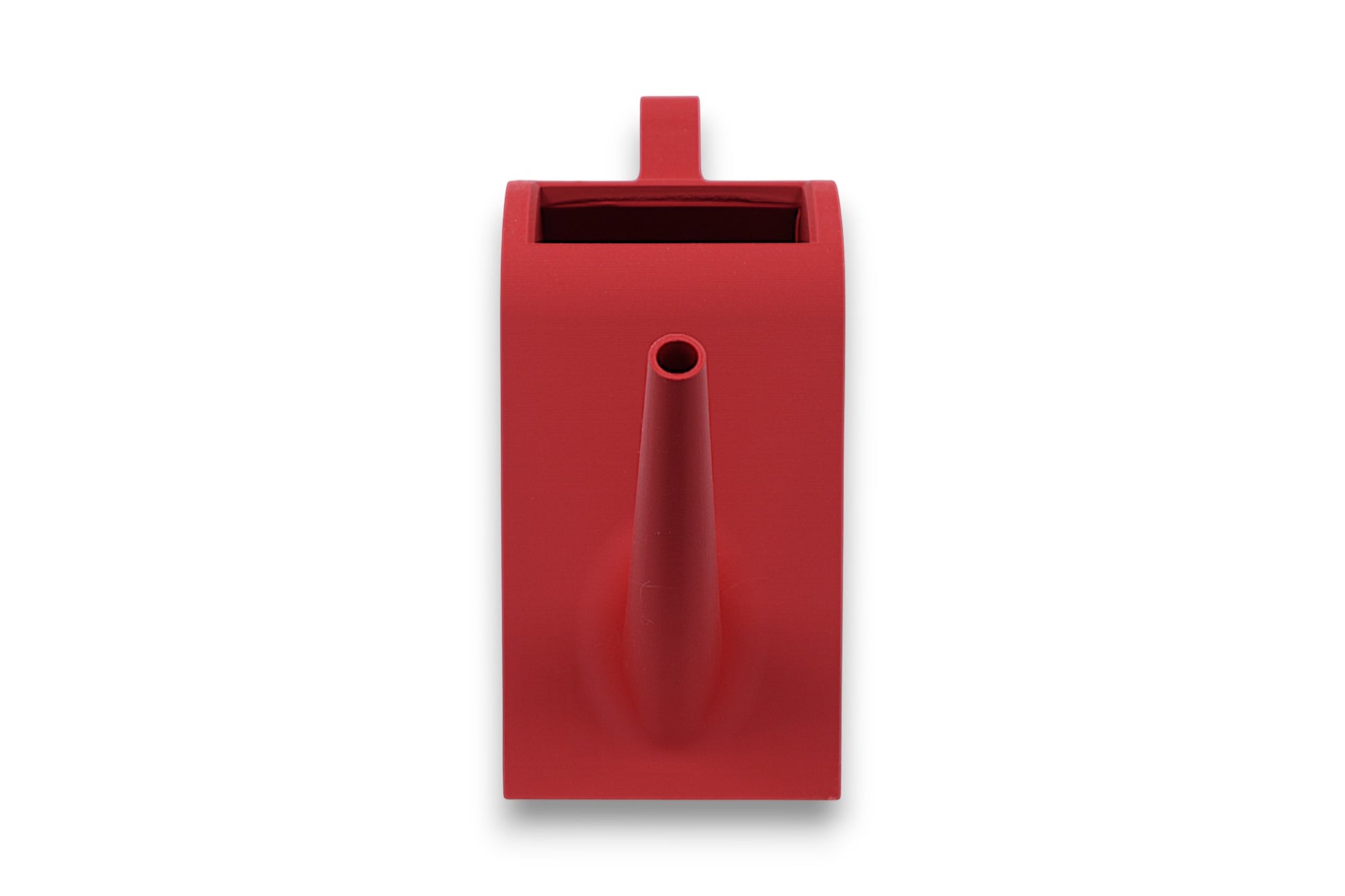 Red PLA watering can – 3D printed in heart shape with diagonal grooves, integrated handle, and angled spout
