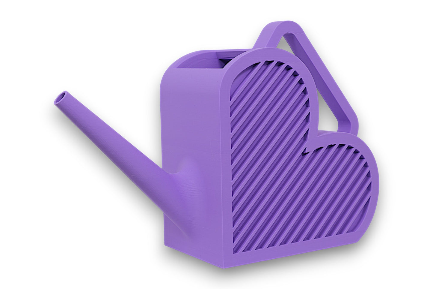 Purple PLA watering can – 3D printed in heart shape with diagonal grooves, arched handle, and long spout
