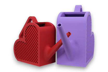 Red and purple PLA watering cans – 3D printed in stylized heart shape with vertical slits and rectangular openings, angled spouts and integrated handles

