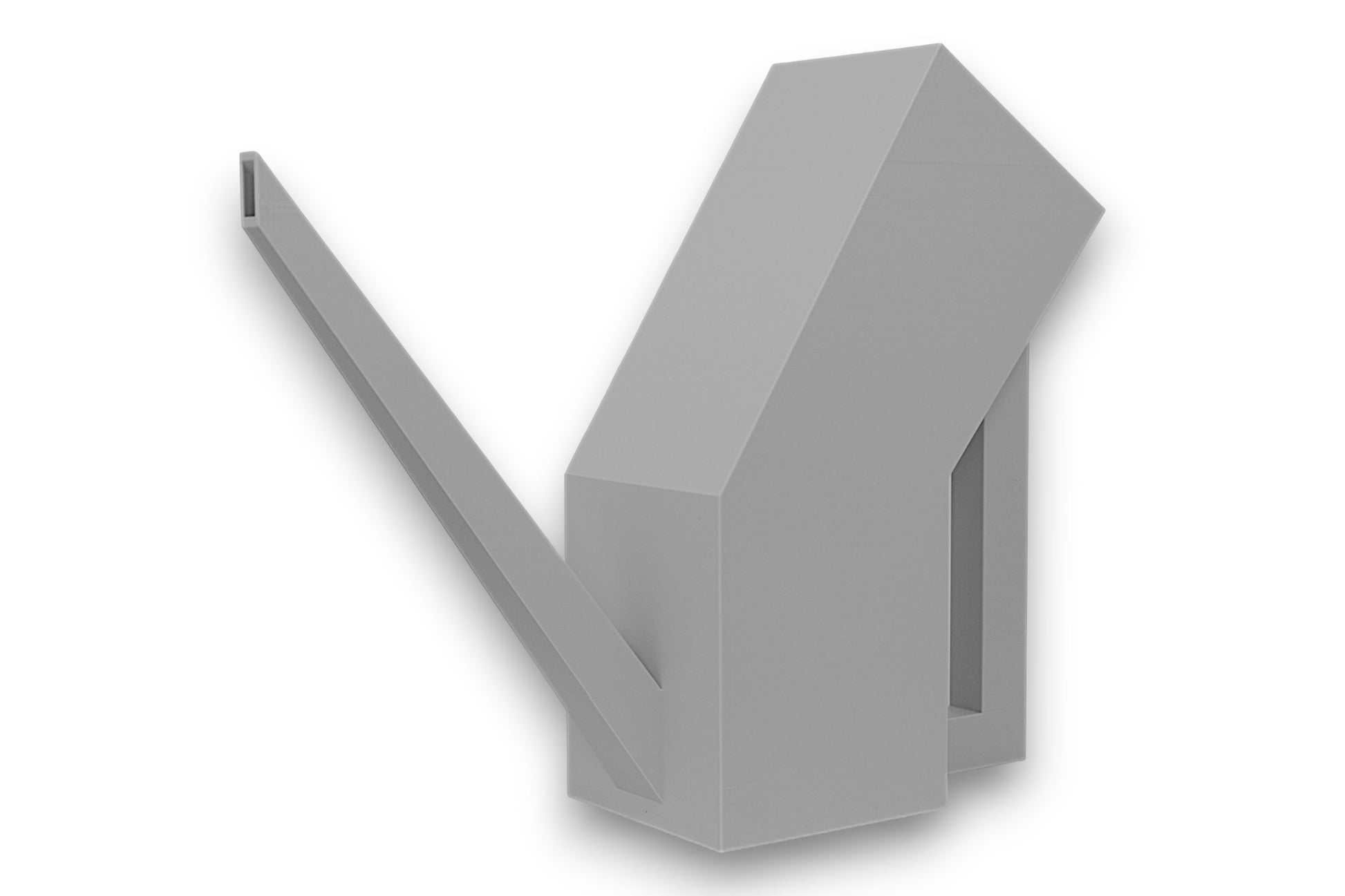 Light gray PLA watering can – 3D printed with angular sculptural body, long diagonal spout, and integrated rectangular handle
