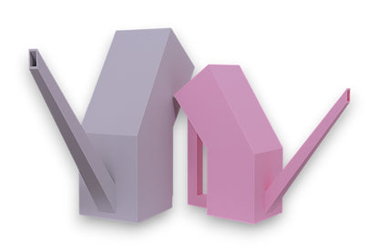 Light gray and pink PLA watering cans – 3D printed with minimalist geometric bodies, elongated spouts, and integrated handles

