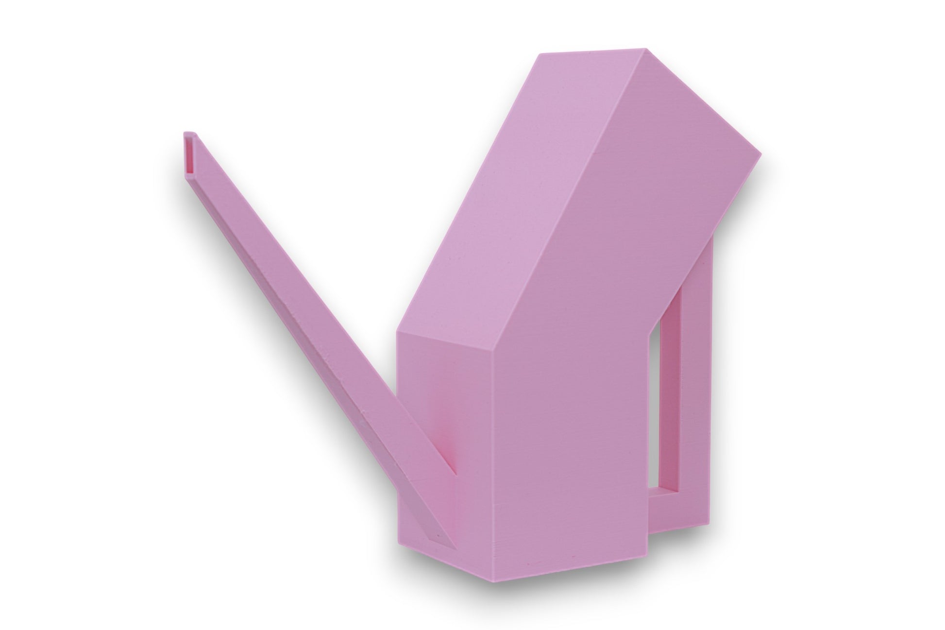 Pink PLA watering can – 3D printed with angular sculptural body, long diagonal spout, and integrated rectangular handle
