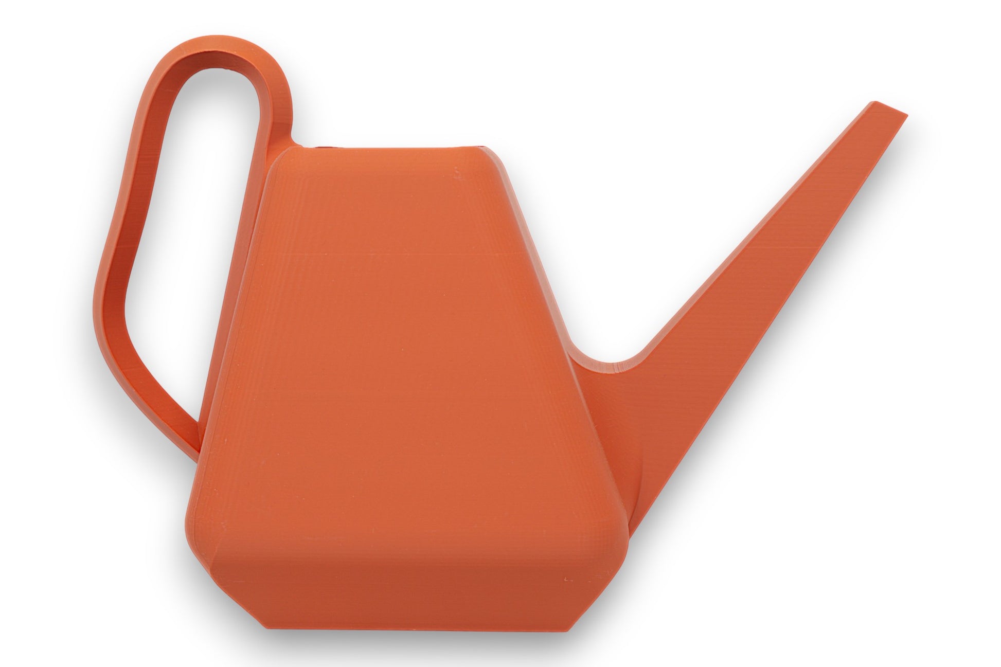 Terracotta PLA watering can – 3D printed with faceted rectangular body, long angled spout, and side-mounted loop handle
