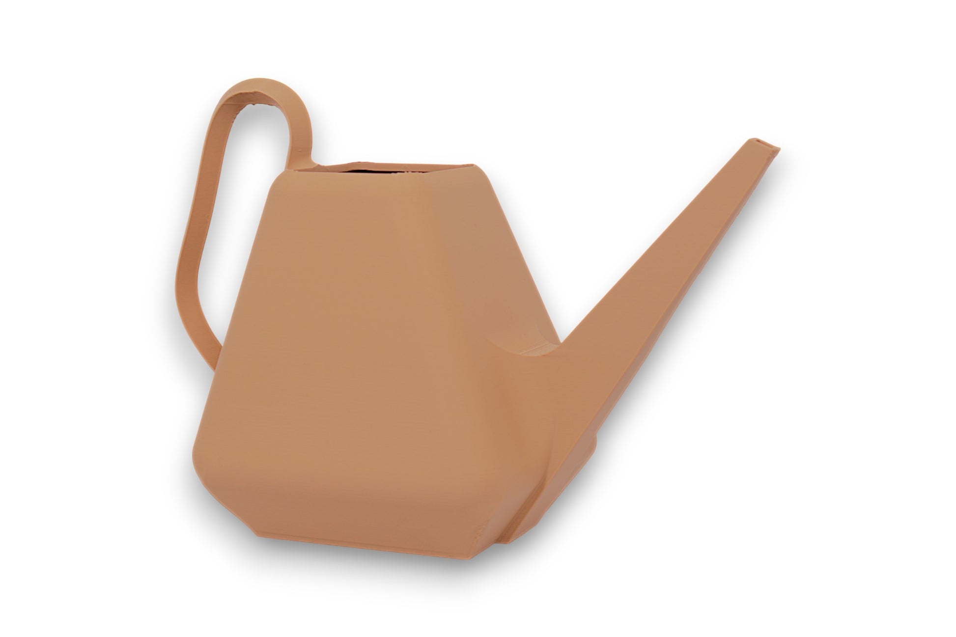 Tan PLA watering can – 3D printed with trapezoidal body, curved rear handle, and long narrow spout

