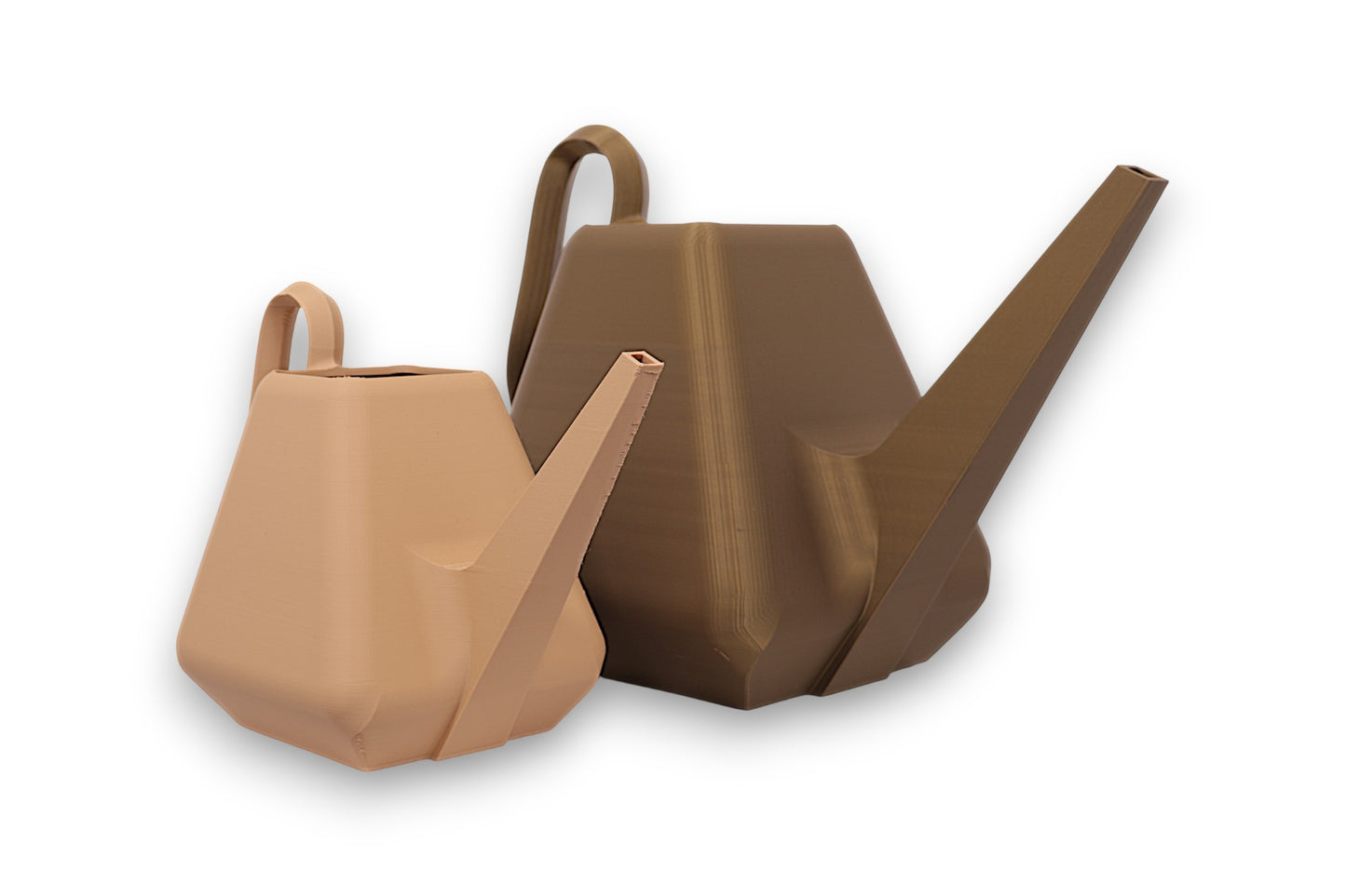 Tan & Bronze PLA watering cans – 3D printed with angular body, curved top-to-side handle, and elongated spout
