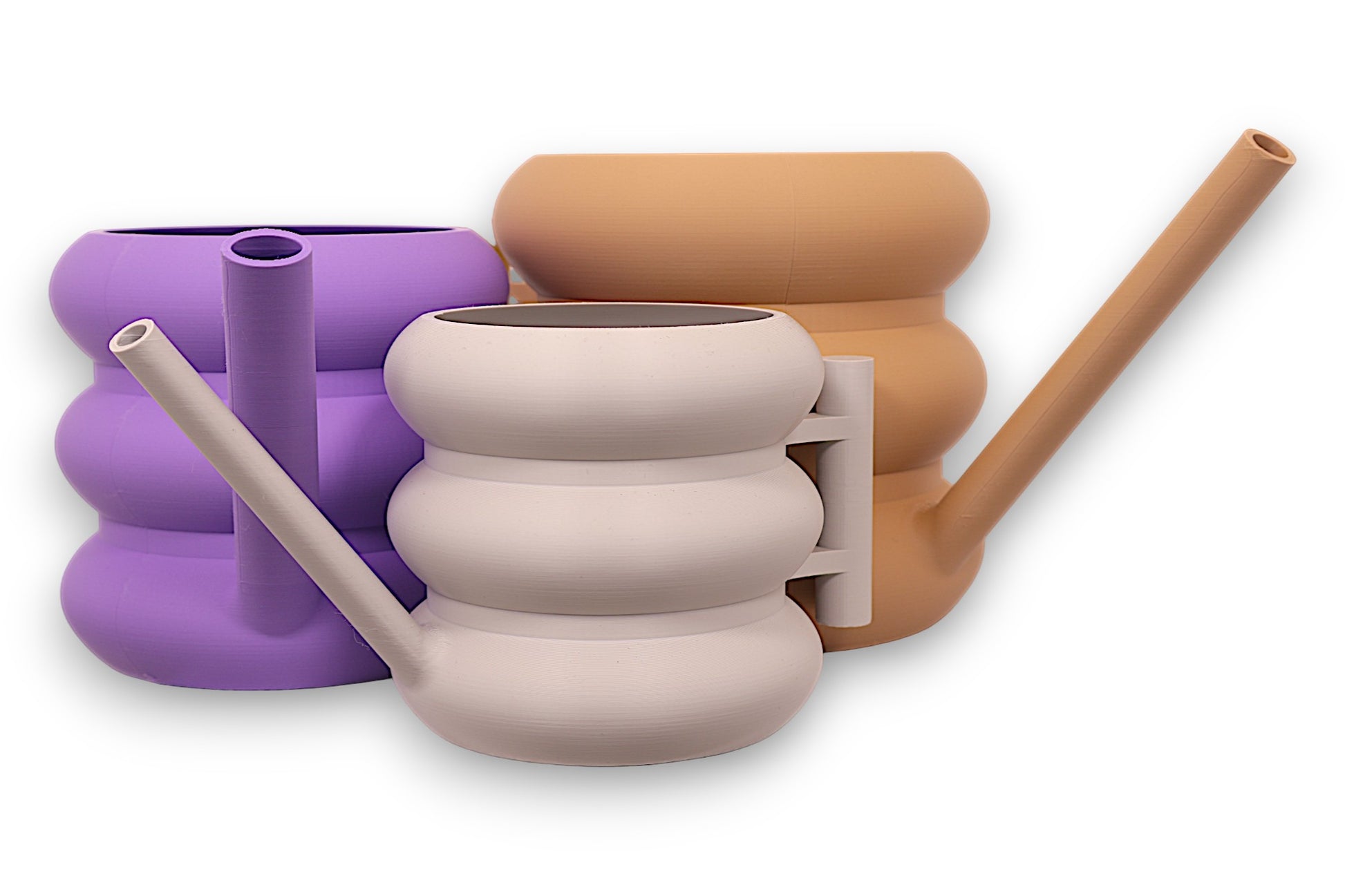 purple, tan, light gray PLA watering cans – 3D printed with segmented bodies and long angled spouts, shown side by side

