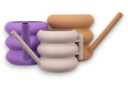 purple, tan, light gray PLA watering cans – 3D printed with segmented bodies and long angled spouts, shown side by side

